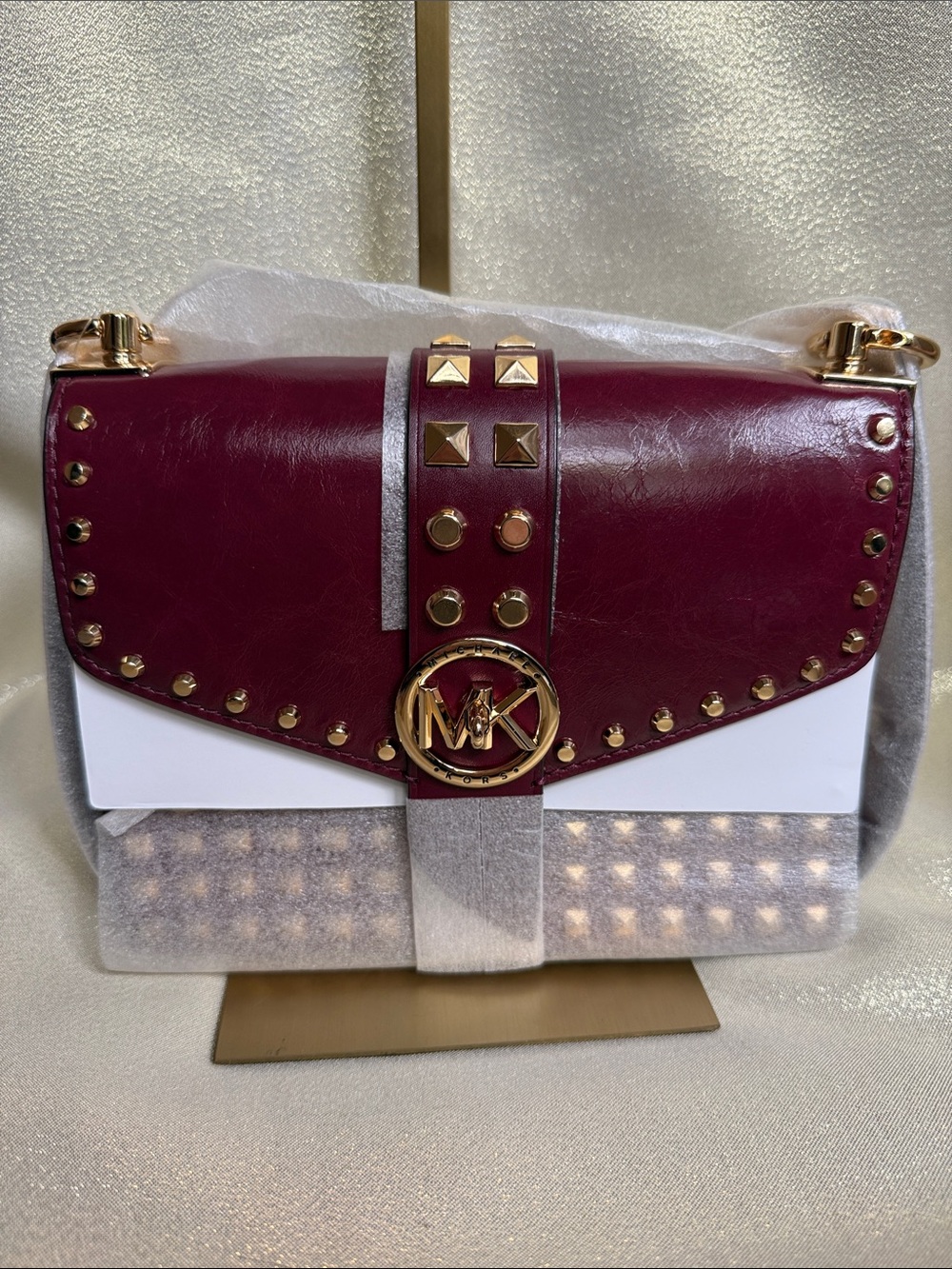 Michael Kors Burgundy Leather Studded Shoulder Bag with Gold Hardware